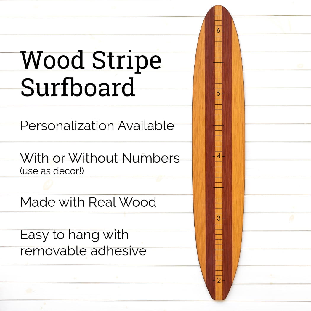 Surfboard Growth Chart | Surfing Wall Décor | Wood Stripe Longboard