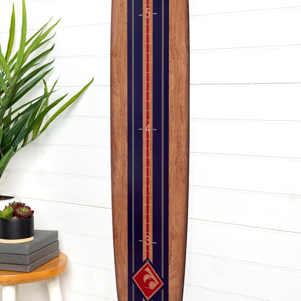 Surfboard Wall Décor Growth Chart Ocean Themed Nursery | Wood Grain with Navy Stripe