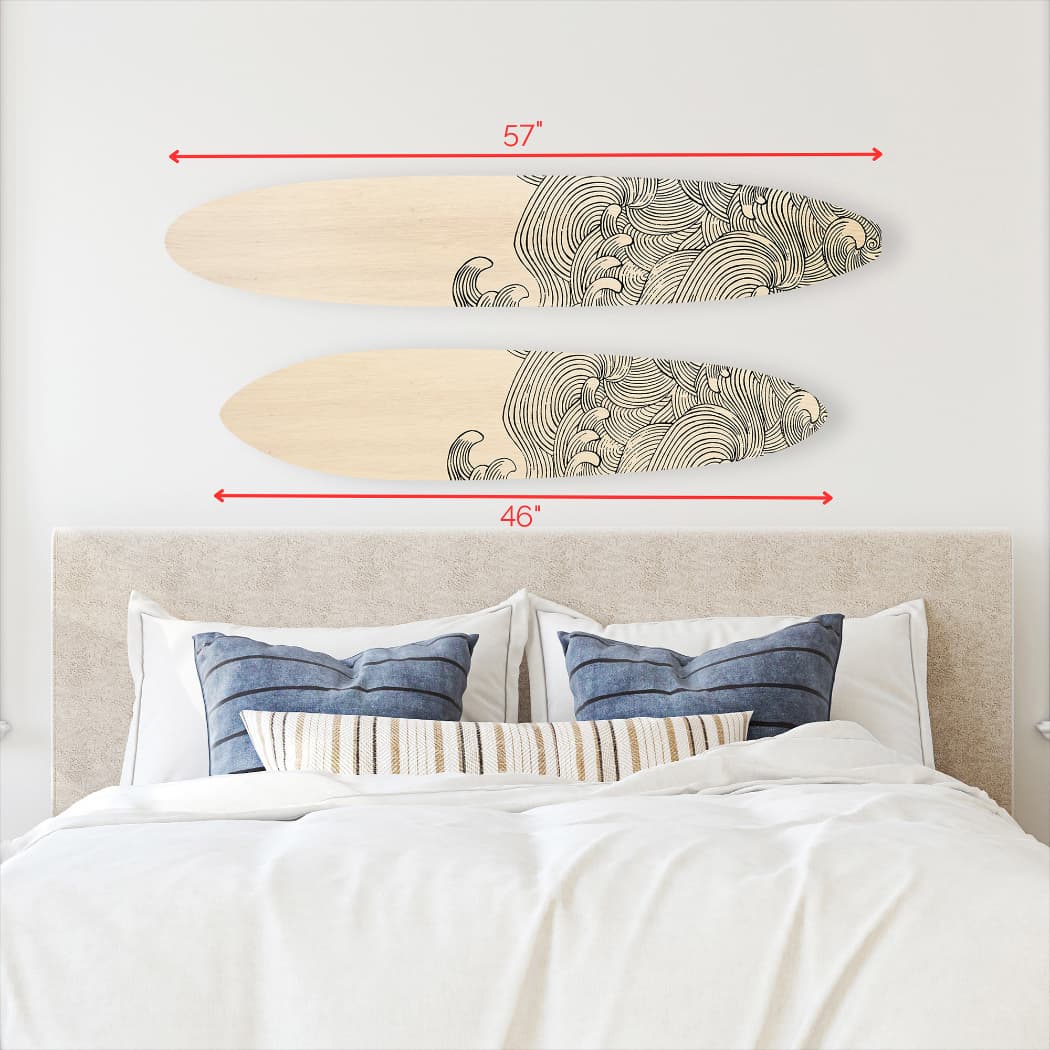 Wave Surfboard Wall Art | Surfboard Wall Decor | Wave Drawing