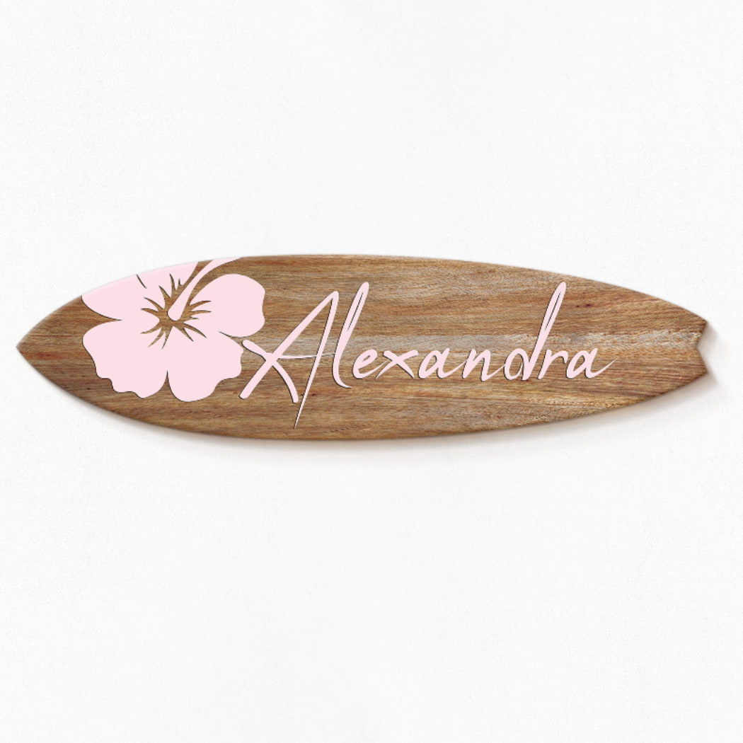 Surfboard Wall Art Name Sign | Ocean Themed Nursery | Hibiscus Wall Decor