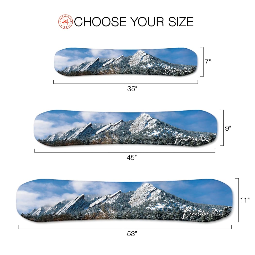 Flatirons Mountain Boulder Snowboard Print | Snowboard Wall Décor | Colorado Skiing