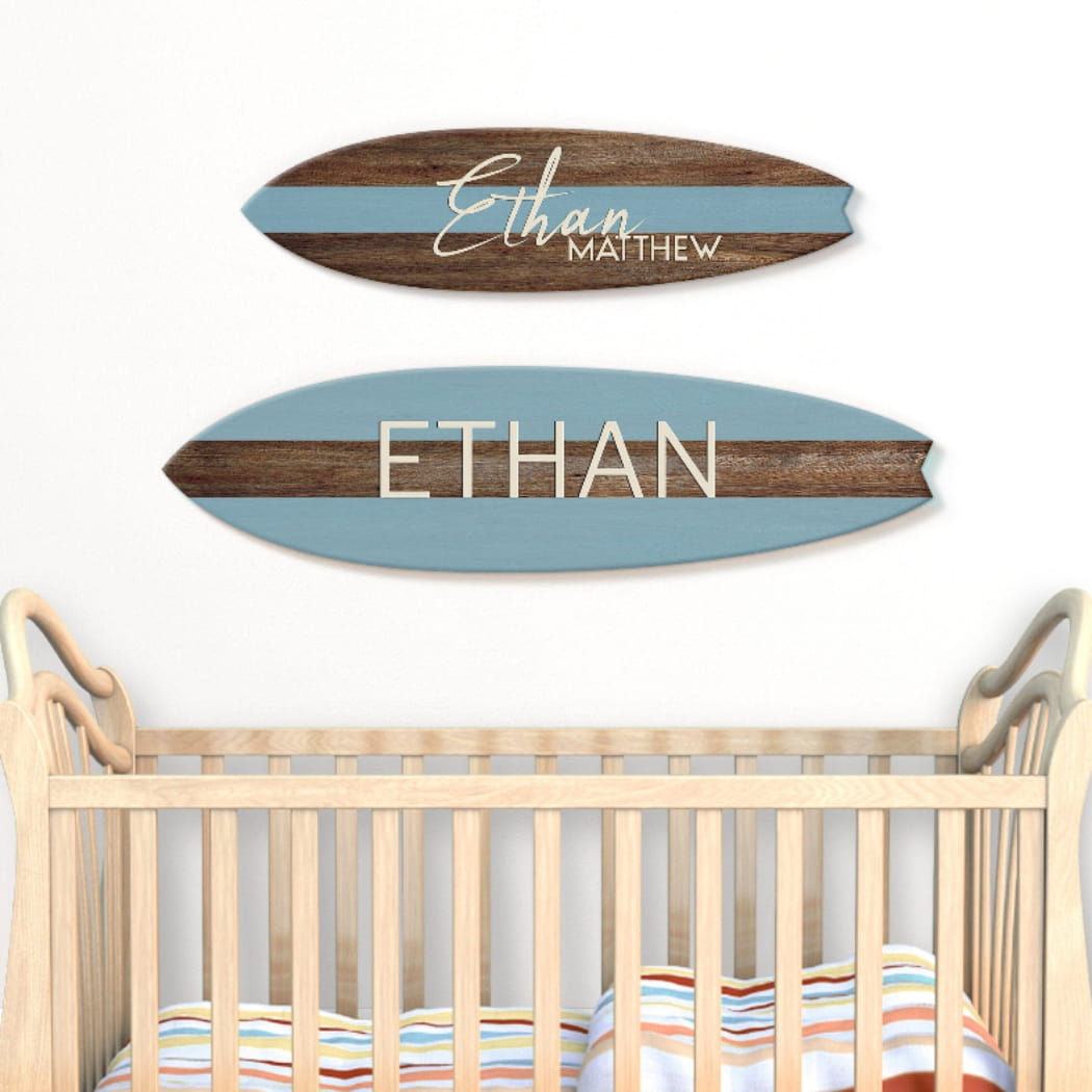 Surfboard Name Sign Wall Décor for Nursery / Children's Room / Dark Mahogany