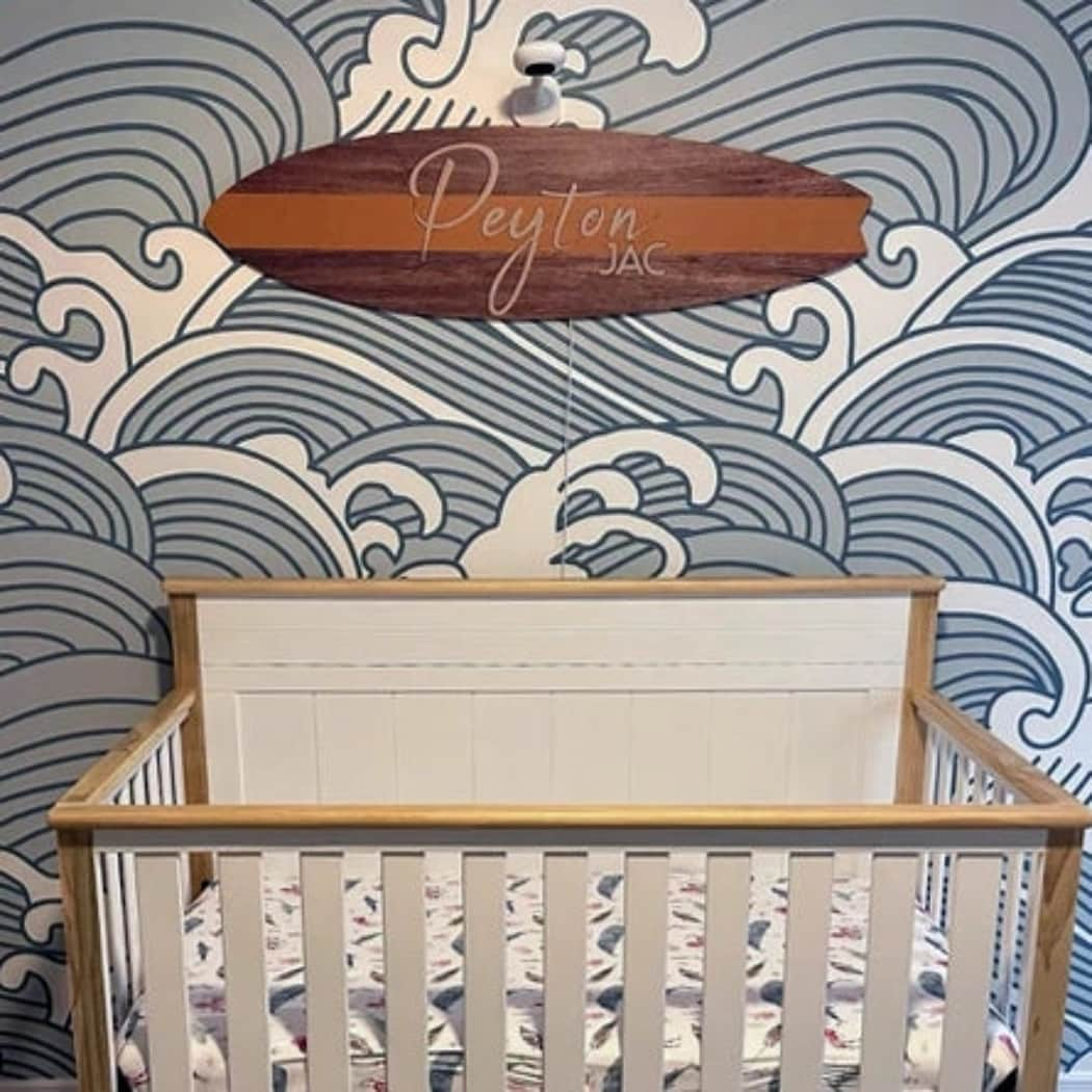 Surfboard Wall Art | Surfboard Name Sign | Party Signature Board | Baby Shower Photo Prop | Light Mahogany with Stripe