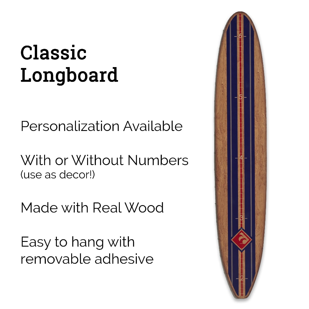 Surfboard Wall Décor Growth Chart Ocean Themed Nursery | Wood Grain with Navy Stripe