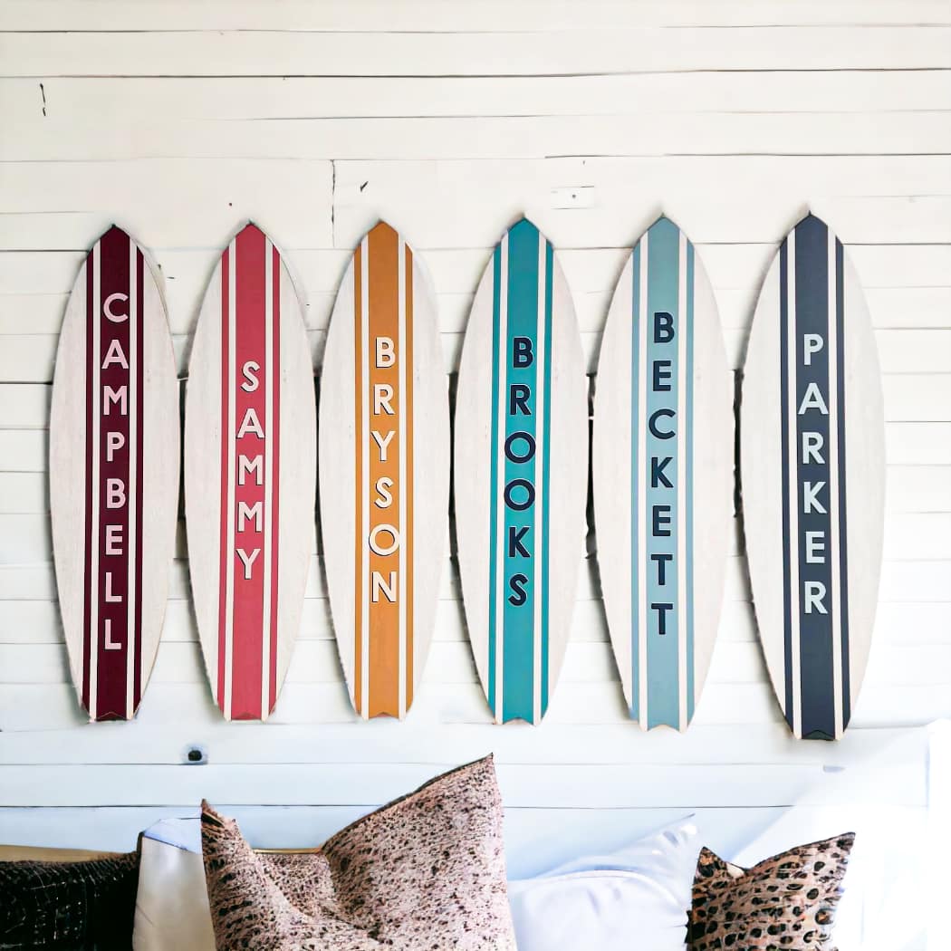 Wooden Surfboard Name Sign | Personalized Surfboard Décor | Party Prop Signature Board | White Washed with Colored Stripe