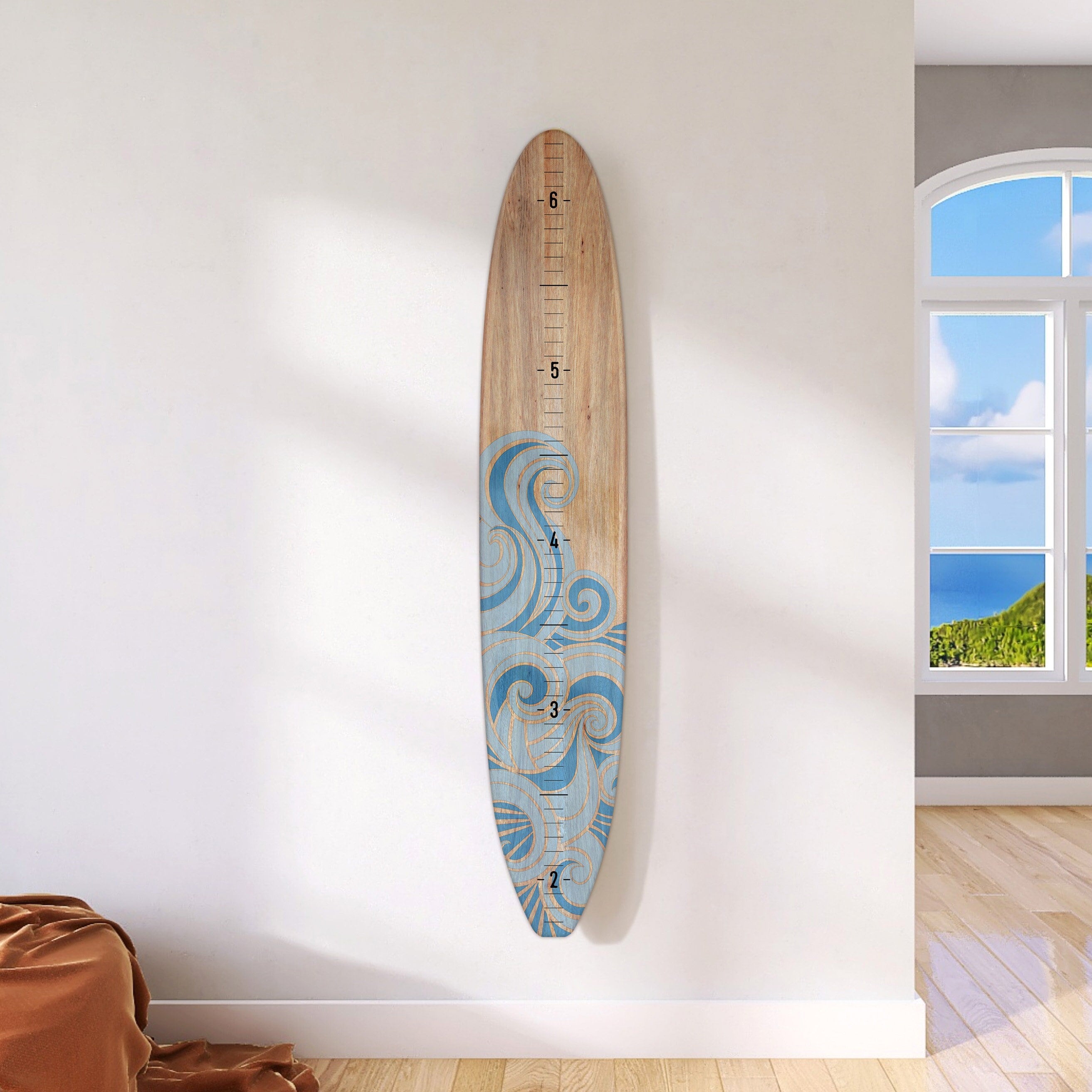 Seaside Surfboard Growth Chart Sign / Wooden Surfboard Decor - Blue Wave
